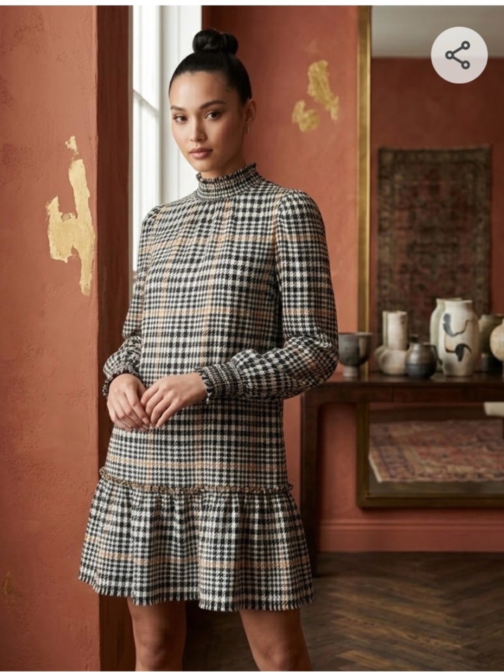 ✨ Elegant Karl Lagerfeld Houndstooth Dress w/ Puff Sleeve & Ruffle Hem ✨